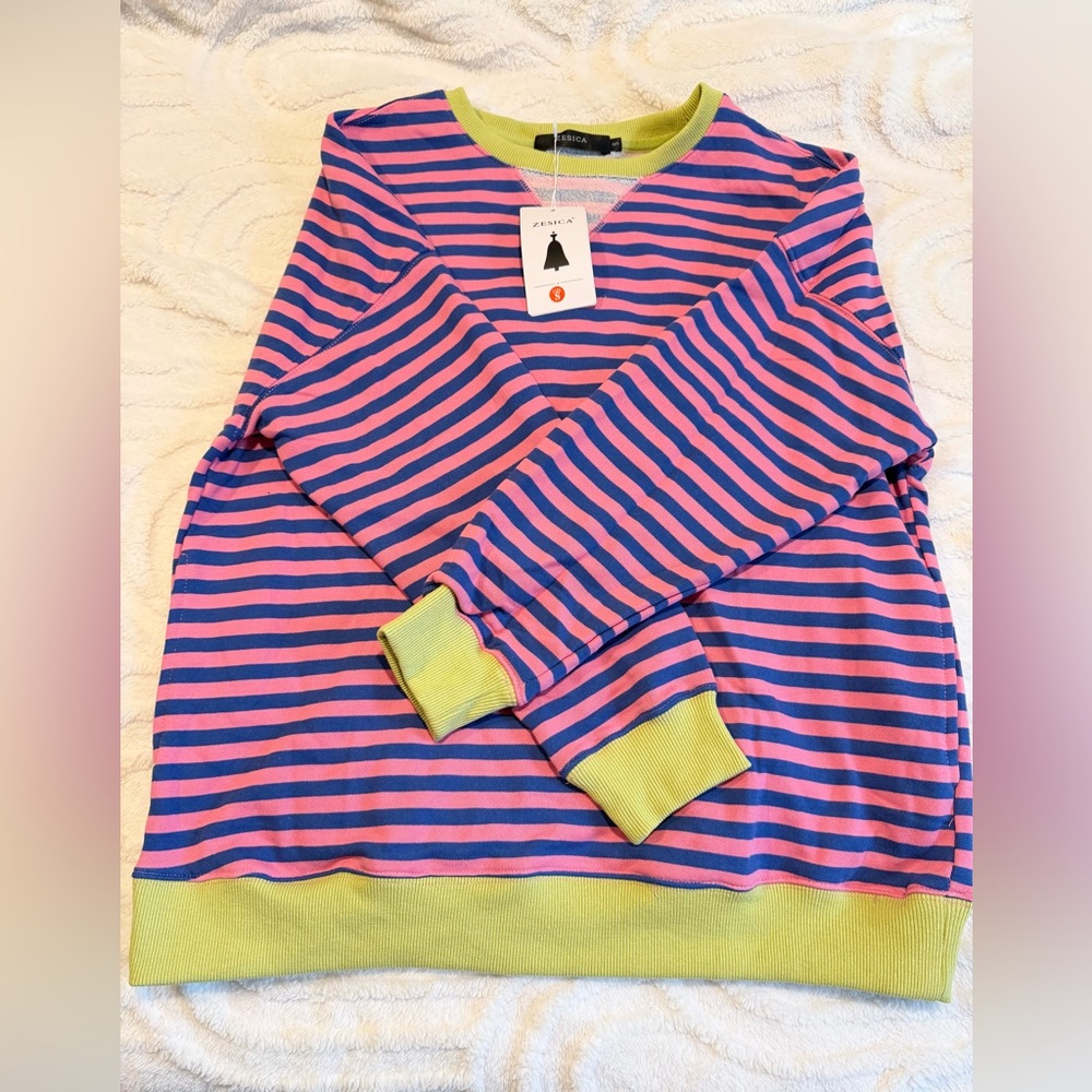 Striped Pink and Blue Crewneck Sweater, Size S, NWT, Comfy Casual Colorful - Picture 3 of 7